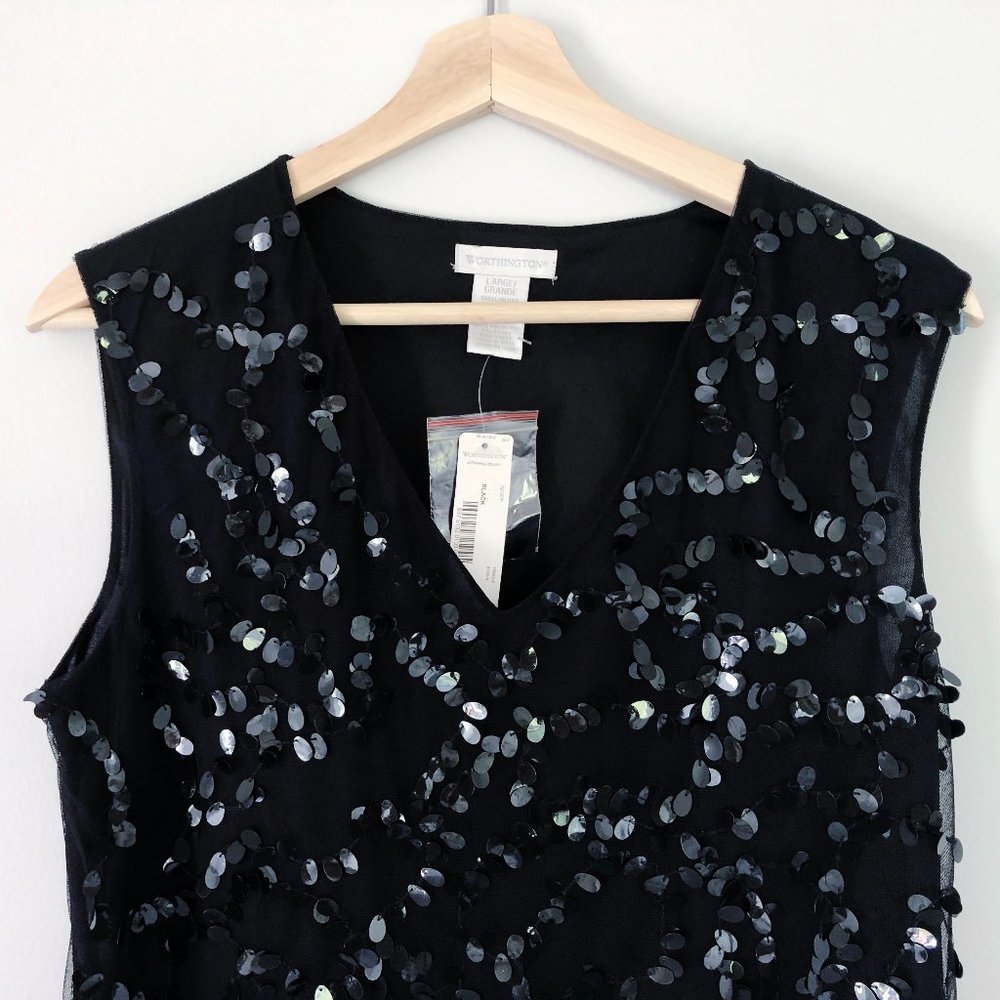 Black Sequins Mesh V Neck Top Worthington NWT